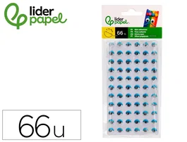 Liderpapel Ojos adhesivos de 10 mm con pupila negra y pestañas azules, pack de 66 unidades