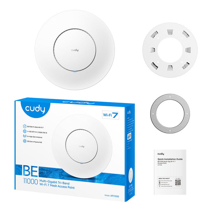 Cudy AP11000 Punto de Acceso Wi-Fi 7 Tri-Band BE11000 10G 6 GHz 5760 Mbps, 2.5G WAN, MU-MIMO, para Techo/Pared