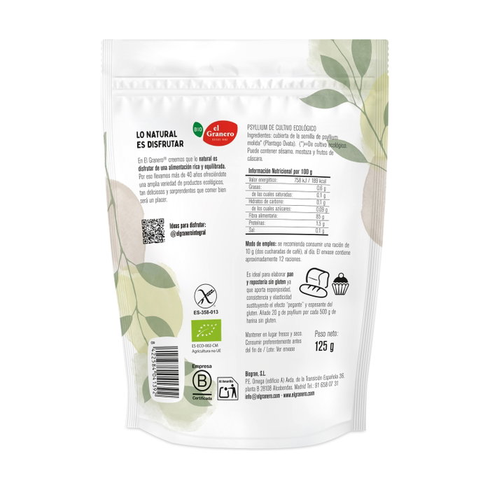 El Granero Integral Psyllium sin gluten Bio 125g (Pack de 6 unidades)