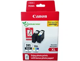 Canon PG-595XL CL-586XL Kit de Recarga Tinta Impresora Inyección Multipack Original - Negro + Color + 50 Hojas Papel Foto 10x15 cm