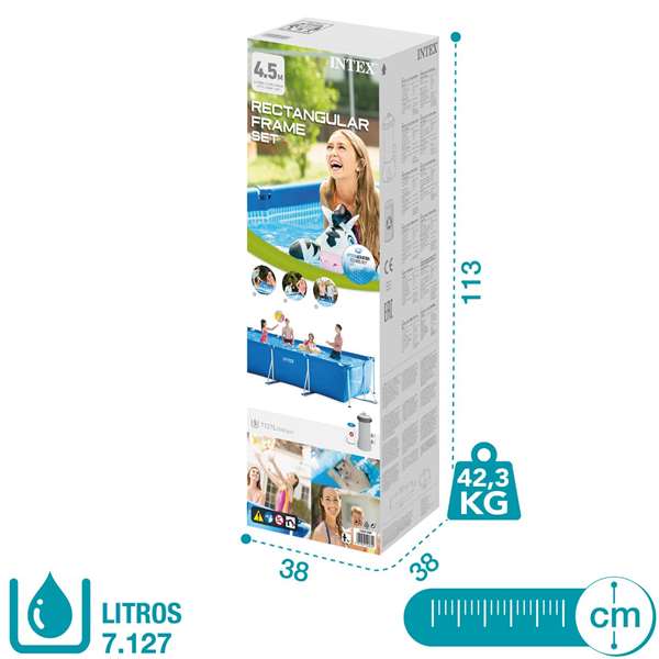 Intex Piscina Rectangular Frame 450x220x84cm con Bomba y Capacidad 7127L PVC+METAL