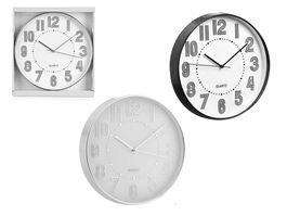 Giftdecor Reloj Redondo 30 cm con Números Rayas Surtidos Plástico y Vidrio Negro Plata Esfera Blanca (Set de 12)