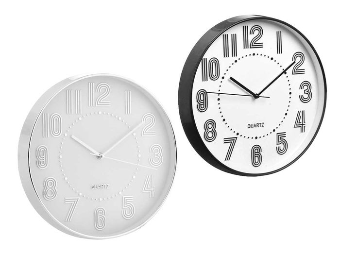 Giftdecor Reloj Redondo 30 cm con Números Rayas Surtidos Plástico y Vidrio Negro Plata Esfera Blanca (Set de 12)