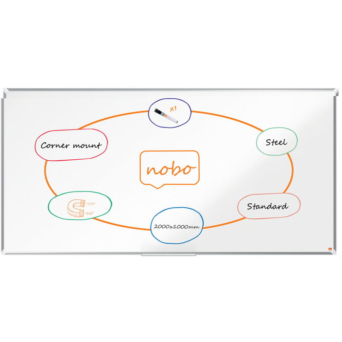 NOBO Pizarra blanca magnética Premium Plus de acero lacado con marco de aluminio 200x100 cm