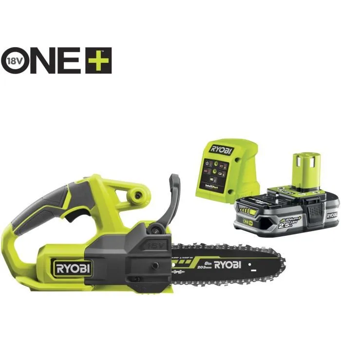 Ryobi RYO4892210203946 Motosierra Inalámbrica Compacta 18V ONE+, Guía 20 cm, con Batería 2.5Ah y Cargador 1.5A