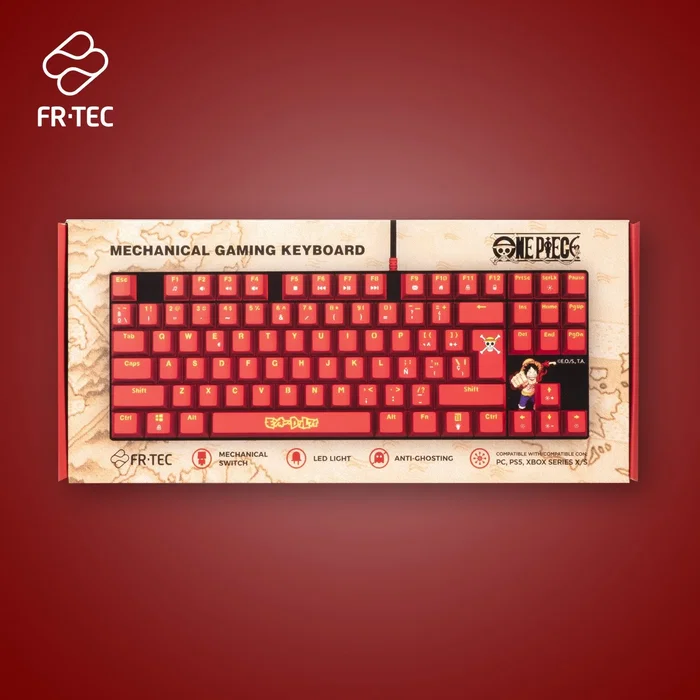 Blade Gaming Teclado Gaming Mecánico TKL OP4001 One Piece Oficial - Switch Marrón Táctil, Retroiluminación Roja LED, Borgoña, Inglés/Español