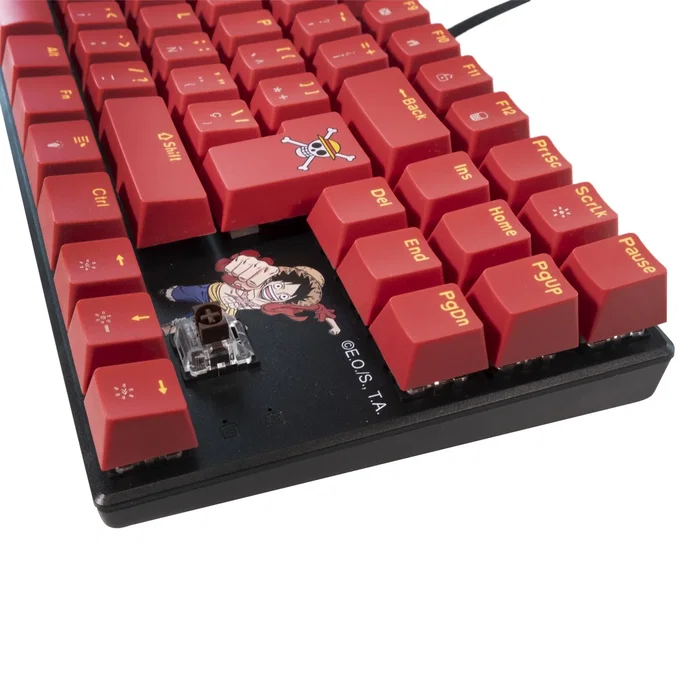Blade Gaming Teclado Gaming Mecánico TKL OP4001 One Piece Oficial - Switch Marrón Táctil, Retroiluminación Roja LED, Borgoña, Inglés/Español
