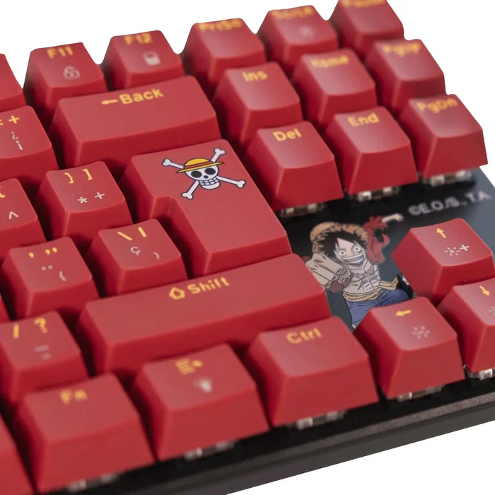 Blade Gaming Teclado Gaming Mecánico TKL OP4001 One Piece Oficial - Switch Marrón Táctil, Retroiluminación Roja LED, Borgoña, Inglés/Español