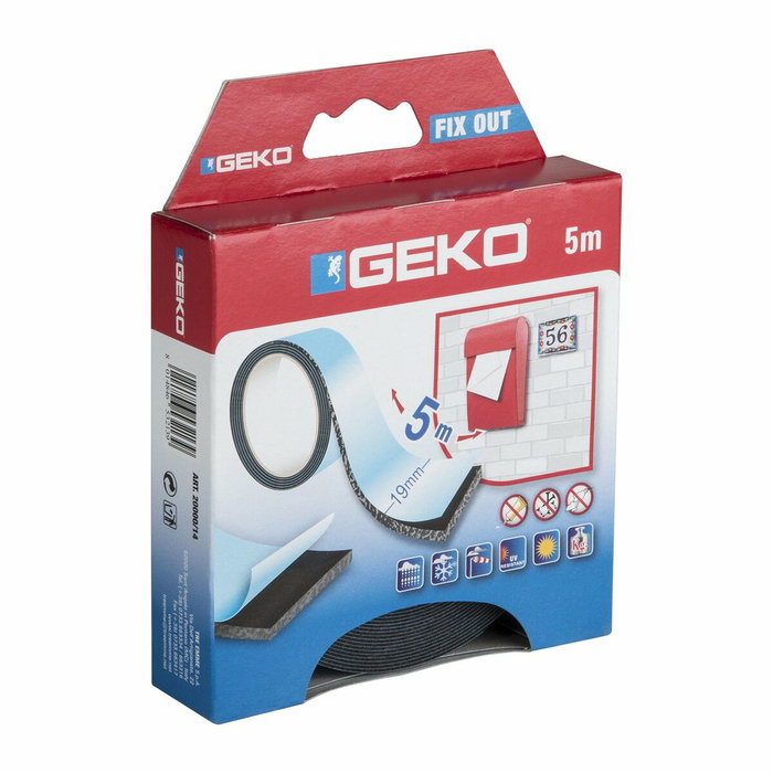 Geko Cinta doble cara exterior transparente con soporte de espuma negra 19 mm x 5 m