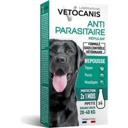 Vetocanis Pipetas Anti-Pulgas y Anti-Garrapatas para Perros Grandes 20-40 kg Lote 4 Pipetas 2x 1 Mes de Protección