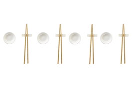 DKD Home Decor Set de Sushi 12 Piezas de Gres y Bambú Blanco y Natural