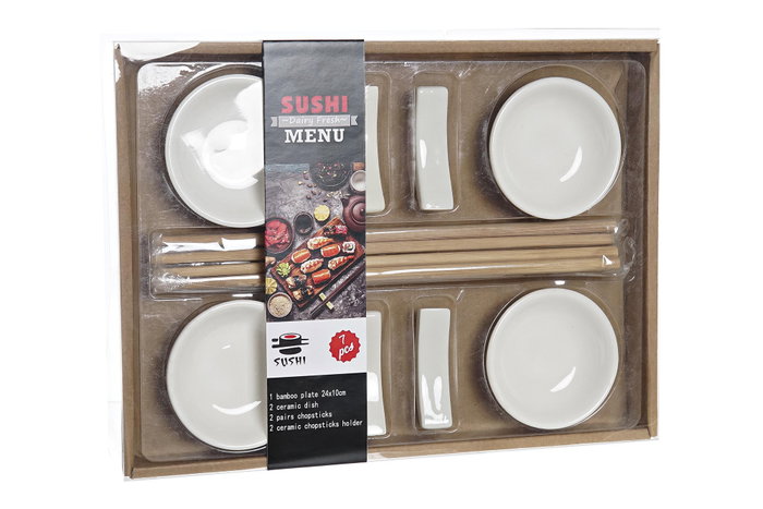 DKD Home Decor Set de Sushi 12 Piezas de Gres y Bambú Blanco y Natural