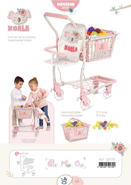 Decuevas Carro Compra Portabebe Koala con Set 12 Frutas para Muñecas hasta 50cm 30x50x62 cm