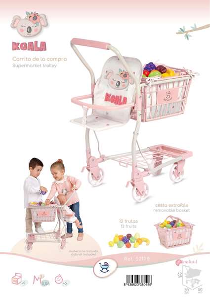 Decuevas Carro Compra Portabebe Koala con Set 12 Frutas para Muñecas hasta 50cm 30x50x62 cm