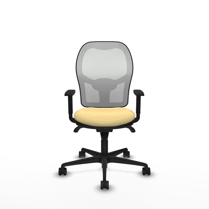 Silla de oficina Jorquera con mecanismo Sincro tapizada con Similpiel color Crema y malla color Blanco. Equipada con lumbar 1D, Brazos 1D y Ruedas 65mm nailon