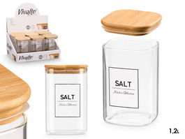 VIVALTO Bote Cuadrado Borosilicato con Tapa de Bambú, 1.2 L, 10x16x10 cm (Set de 12)