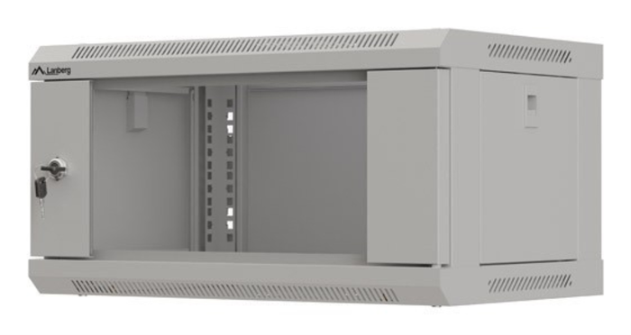 Lanberg - Bastidor de pared 19 Pulgadas 4U (60 kg carga máxima) - 540 x 350 x 281 mm, acero, puerta con vidrio y cerradura, color gris - Para equipos de red y telecomunicaciones