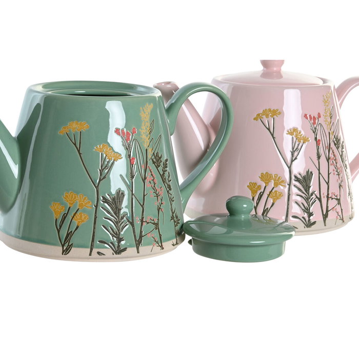DKD Home Decor Set de 2 Teteras de Gres Botanico, 850ml, Verde y Rosa DKD Home Decor Set de 2 Teteras de Gres Botanico, 850ml, Verde y Rosa