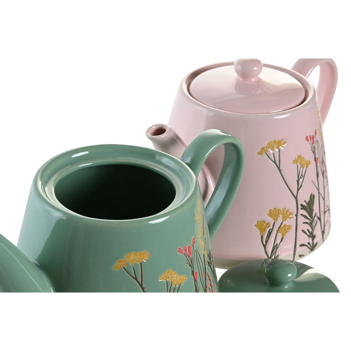 DKD Home Decor Set de 2 Teteras de Gres Botanico, 850ml, Verde y Rosa DKD Home Decor Set de 2 Teteras de Gres Botanico, 850ml, Verde y Rosa