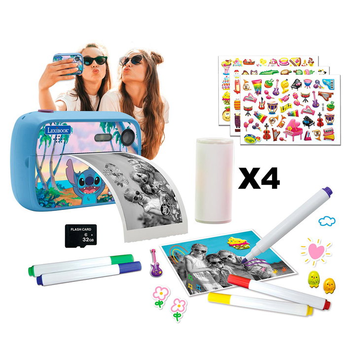 Lexibook DJ150D - Starcam Print Disney Stitch para niños +5 años - Impresora de fotos, cámara, grabadora de vídeo, música - Incluye pegatinas 3D, rotuladores, marcos y rollos