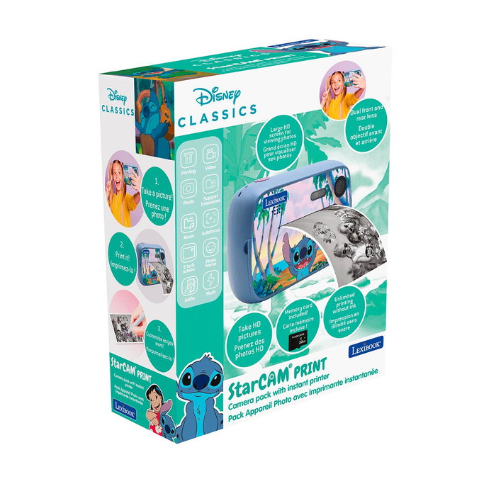 Lexibook DJ150D - Starcam Print Disney Stitch para niños +5 años - Impresora de fotos, cámara, grabadora de vídeo, música - Incluye pegatinas 3D, rotuladores, marcos y rollos