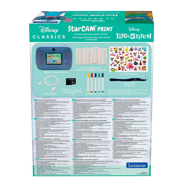 Lexibook DJ150D - Starcam Print Disney Stitch para niños +5 años - Impresora de fotos, cámara, grabadora de vídeo, música - Incluye pegatinas 3D, rotuladores, marcos y rollos