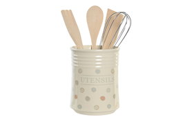 DKD Home Decor Set de 5 Botes para Utensilios de Gres y Madera Topitos Beige