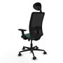 Silla de oficina Zulema con mecanismo Sincro tapizada con Tela color Verde botella y malla color Negro. Equipada con lumbar 1D, Brazos 2D, Cabecero Fijo y Ruedas 65mm nailon