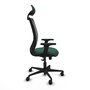 Silla de oficina Zulema con mecanismo Sincro tapizada con Tela color Verde botella y malla color Negro. Equipada con lumbar 1D, Brazos 2D, Cabecero Fijo y Ruedas 65mm nailon