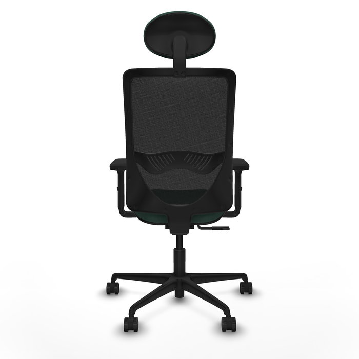 Silla de oficina Zulema con mecanismo Sincro tapizada con Tela color Verde botella y malla color Negro. Equipada con lumbar 1D, Brazos 2D, Cabecero Fijo y Ruedas 65mm nailon