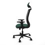 Silla de oficina Zulema con mecanismo Sincro tapizada con Tela color Verde botella y malla color Negro. Equipada con lumbar 1D, Brazos 2D, Cabecero Fijo y Ruedas 65mm nailon