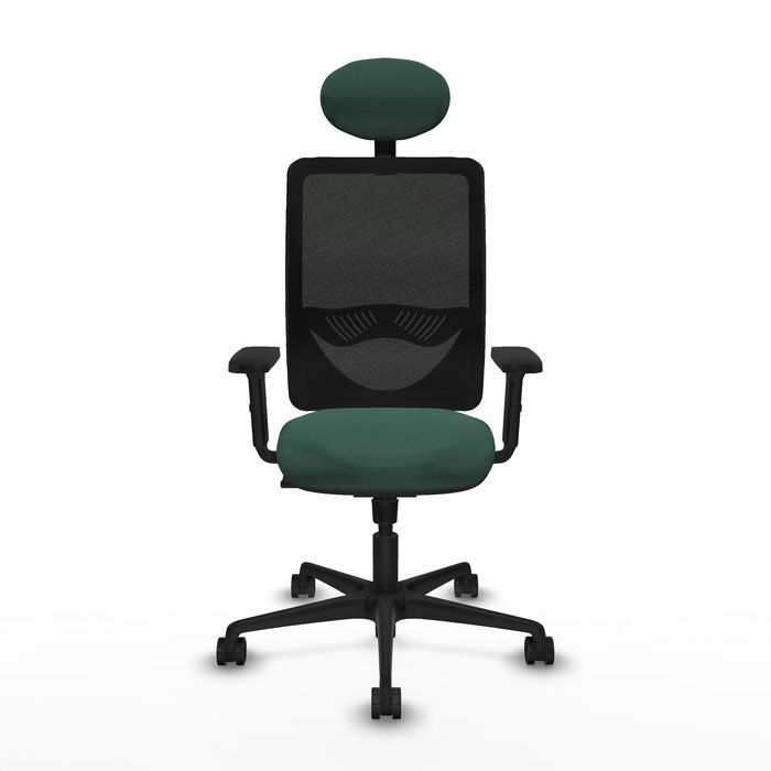 Silla de oficina Zulema con mecanismo Sincro tapizada con Tela color Verde botella y malla color Negro. Equipada con lumbar 1D, Brazos 2D, Cabecero Fijo y Ruedas 65mm nailon