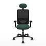 Silla de oficina Zulema con mecanismo Sincro tapizada con Tela color Verde botella y malla color Negro. Equipada con lumbar 1D, Brazos 2D, Cabecero Fijo y Ruedas 65mm nailon