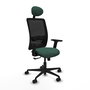 Silla de oficina Zulema con mecanismo Sincro tapizada con Tela color Verde botella y malla color Negro. Equipada con lumbar 1D, Brazos 2D, Cabecero Fijo y Ruedas 65mm nailon
