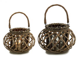 Giftdecor Portavelas Cilindrico Gris con Asa de Mimbre y Vaso de Cristal, 18 cm Alto (Set de 6)