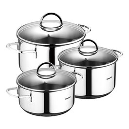 Bergner Batería 6 piezas de acero inoxidable para inducción, cazuelas con tapa Ø16, 18 y 20 cm, asas siempre frías, escala medición, apta todos fuegos