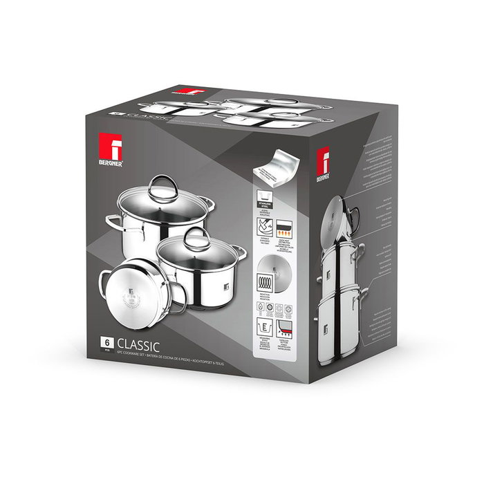 Bergner Batería 6 piezas de acero inoxidable para inducción, cazuelas con tapa Ø16, 18 y 20 cm, asas siempre frías, escala medición, apta todos fuegos