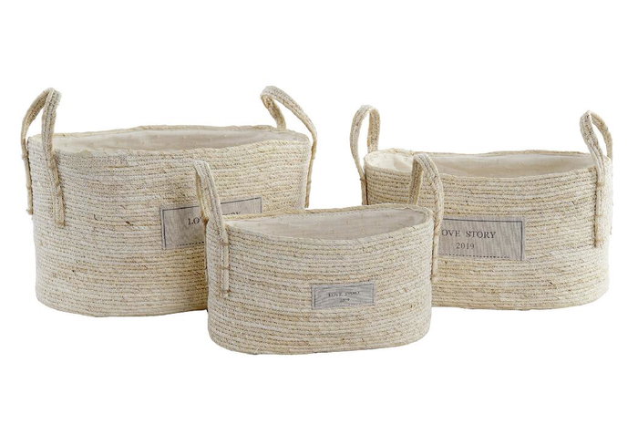 DKD Home Decor Cesta Boho Marron Claro Set de 3 Piezas Fibra y Algodón 23 x 20 x 34 cm