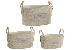 DKD Home Decor Cesta Boho Marron Claro Set de 3 Piezas Fibra y Algodón 23 x 20 x 34 cm
