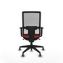 Silla de oficina Horna con mecanismo Sincro tapizada con Tela color Naranja oscuro y malla color Blanco. Equipada con lumbar 1D, Brazos 1D y Ruedas 65 mm parqué