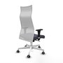 Sillón Albacete con mecanismo Sincro tapizada con Tela color Gris oscuro y malla color Blanco. Equipado con Base poliamida blanca, Brazos 1D y Ruedas 65 mm parqué