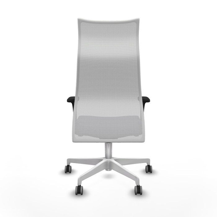 Sillón Albacete con mecanismo Sincro tapizada con Tela color Gris oscuro y malla color Blanco. Equipado con Base poliamida blanca, Brazos 1D y Ruedas 65 mm parqué