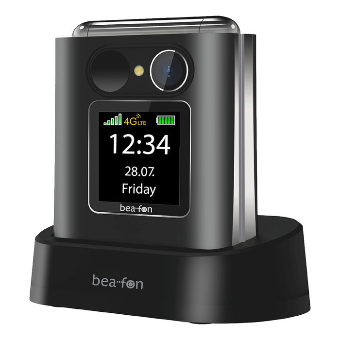 Bea-fon Fold10 LTE Teléfono plegable para personas mayores con pantalla externa 1.44", 4G, Bluetooth, cámara, radio FM, color negro y plata
