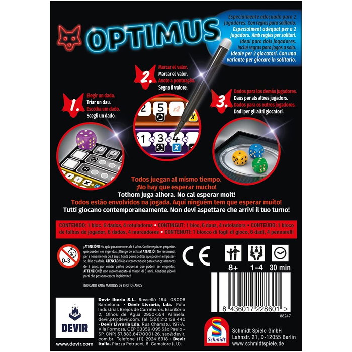Devir - Juego de Mesa Optimus (Castellano/Catalán) - Juego de Mesa de Dados y Escritura, 1-4 Jugadores, +8 Años, Nominado al Kennerspiel des Jahres - Diseñado por Wolfgang Warsch