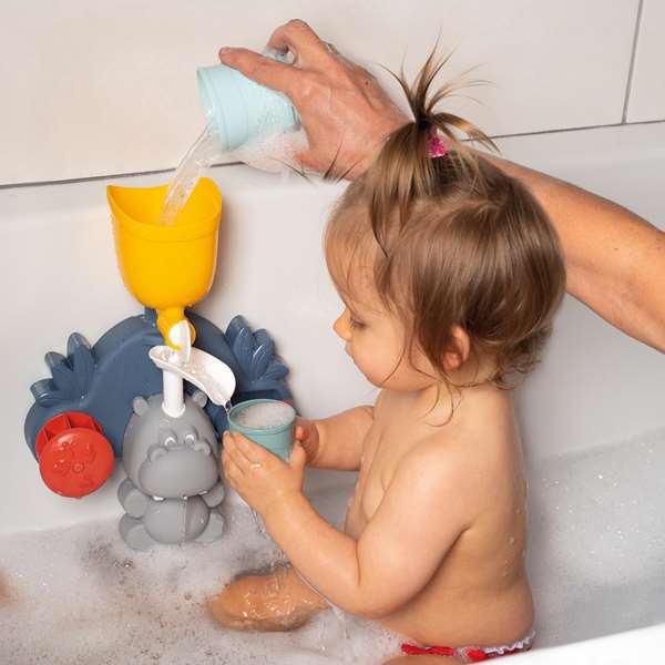 Smoby Juego Hipo Baño Juguete para el Baño de Agua con Rueda Giratoria para Niños +12 Meses. Contenido: Hipopótamo, Depósito, 3 Vasos, 2 Ventosas. Material Plástico