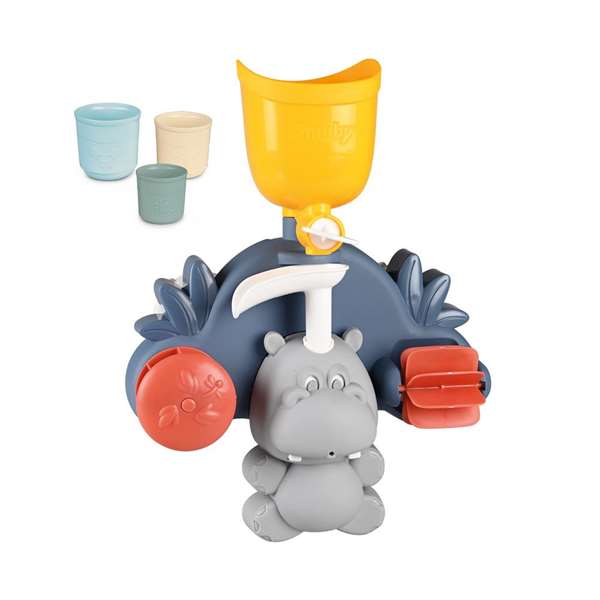 Smoby Juego Hipo Baño Juguete para el Baño de Agua con Rueda Giratoria para Niños +12 Meses. Contenido: Hipopótamo, Depósito, 3 Vasos, 2 Ventosas. Material Plástico