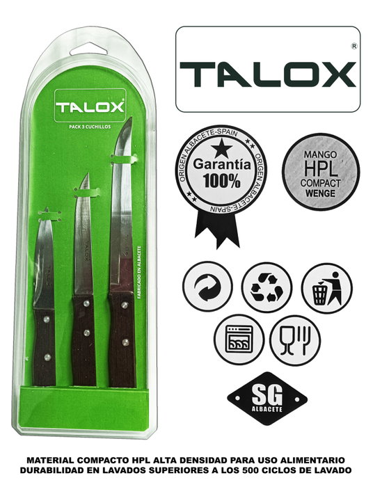 TALOX Pack de 3 Cuchillos de Acero Inoxidable Mango Wenge