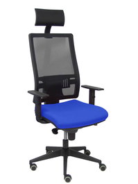 Silla de oficina Horna con mecanismo Sincro tapizada con Tela color Azul y malla color Negro. Equipada con lumbar 1D, Brazos 1D, Cabecero Fijo y Ruedas de parqué