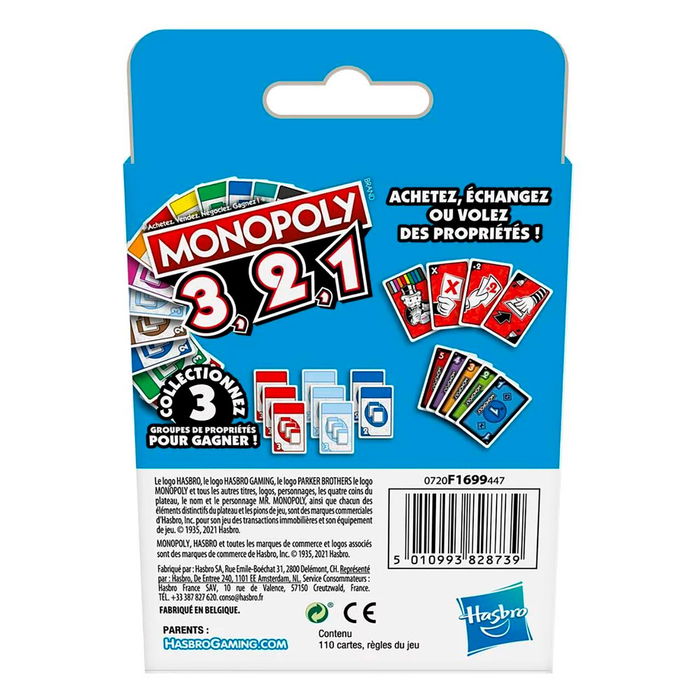 Hasbro Gaming Juego Cartas Monopoly 3,2,1 F1699, Juego de Cartas Rápido en Francés para +8 Años