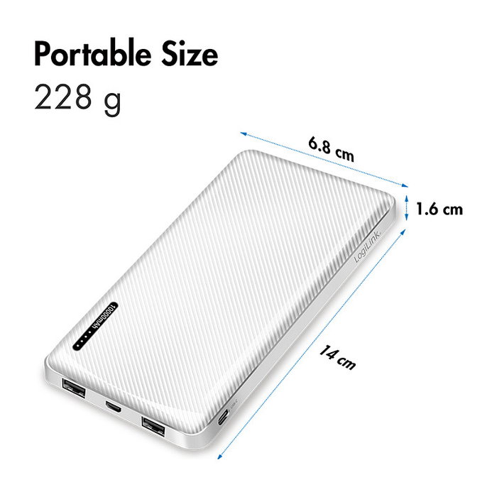 LogiLink Power Bank 10000mAh con 1x USB-C y 2x USB-A, Blanco